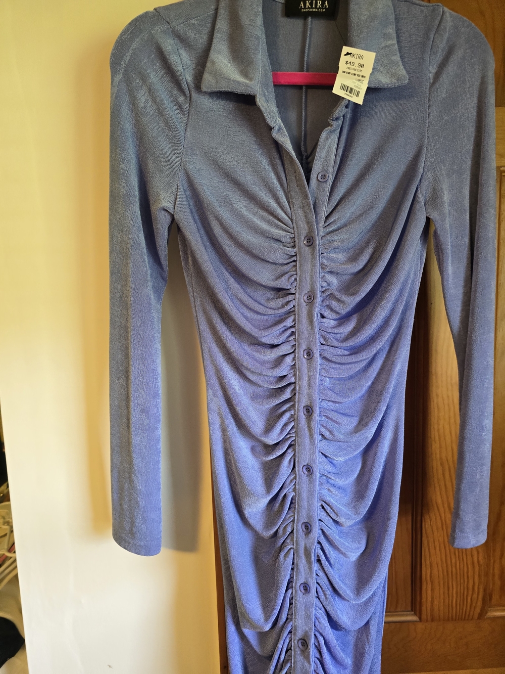 Akira Lavender Ruched Button-Front Long Sleeve Dress - Picture 9 of 16